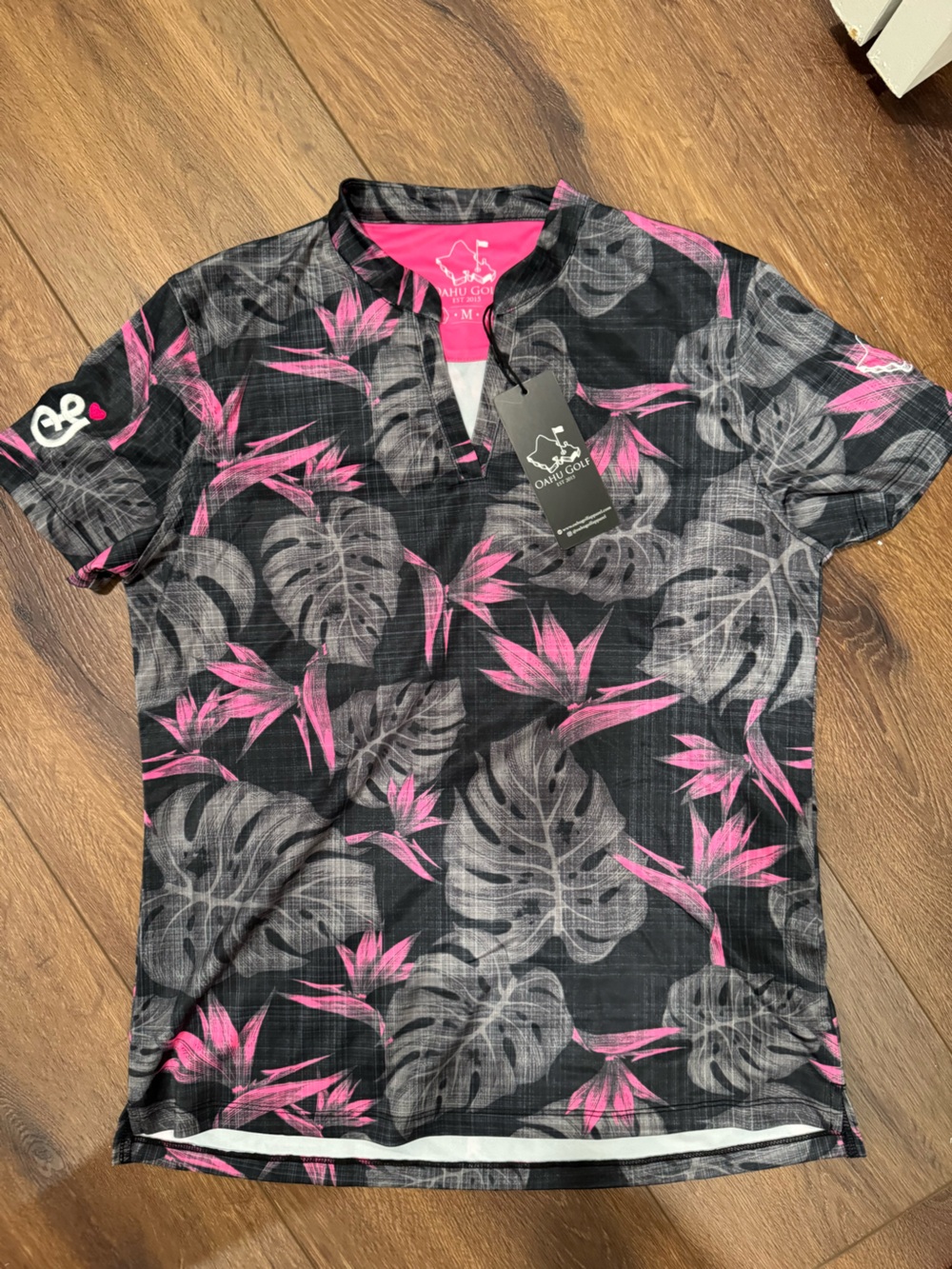 Oahu Coast Pink & Gray Tropical Print golf shirt